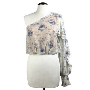 En Saison Women's‎ Kika Blouse Medium Cream Blue Floral One Shoulder Ruffle Top